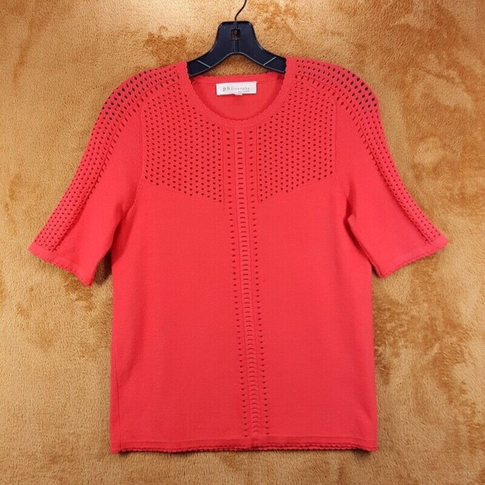 PHILOSOPHY Top Womens Small Red Pullover Perforated Tight Knit Short Sleeve